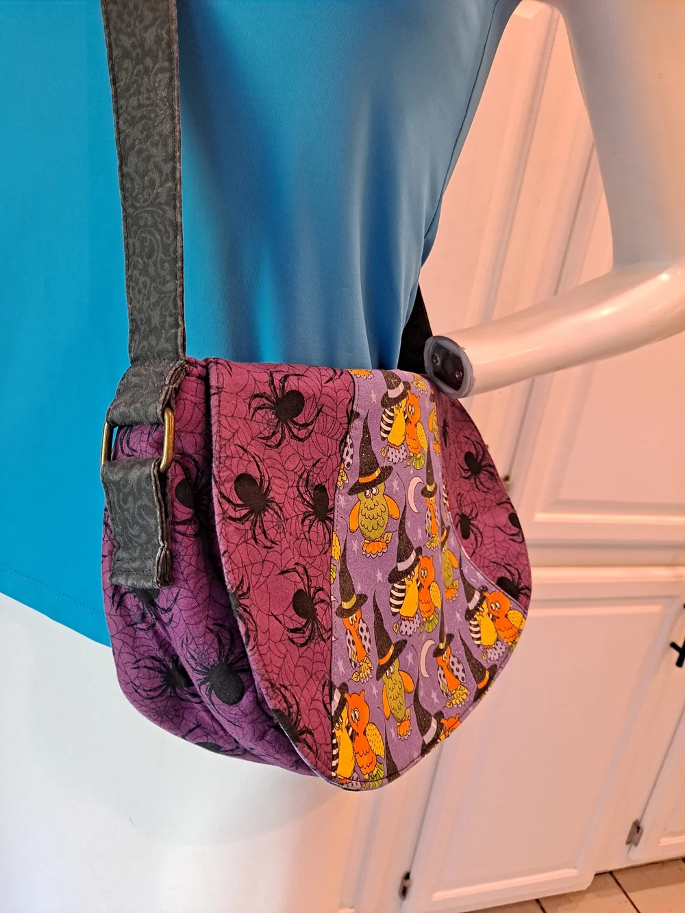Artisan Purple Orange Owl Witch Spiders Webs Crossbody Bag Halloween